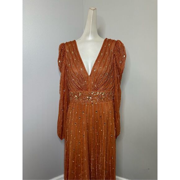 MAC DUGGAL HAND EMBELLISHED V NECK PUFF SLEEVE A LINE DRESS - Picture 5 of 11